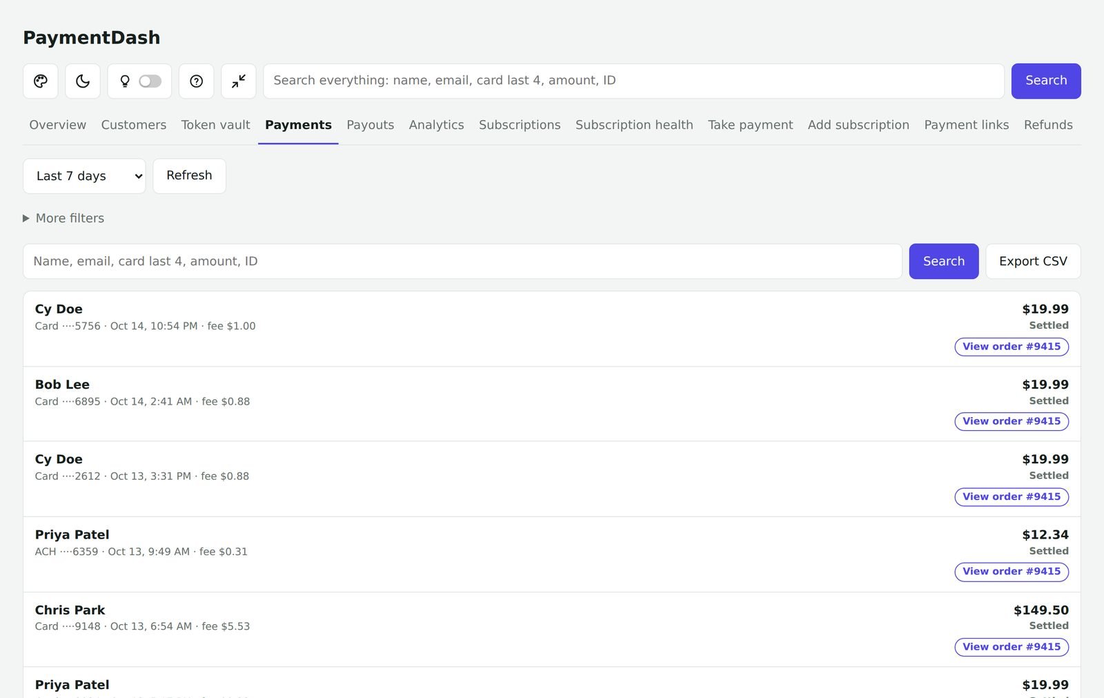 Payments list in the dashboard