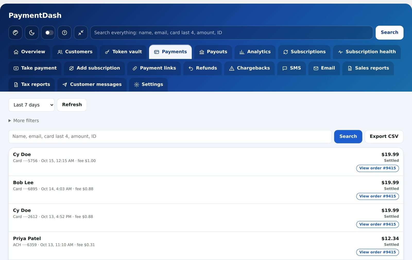 Payments screen