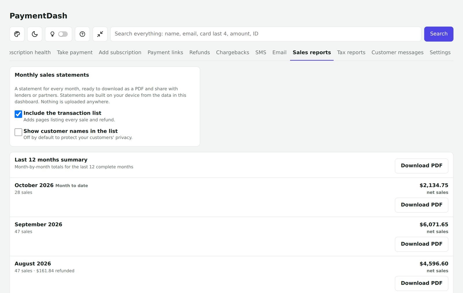 Sales reports screen