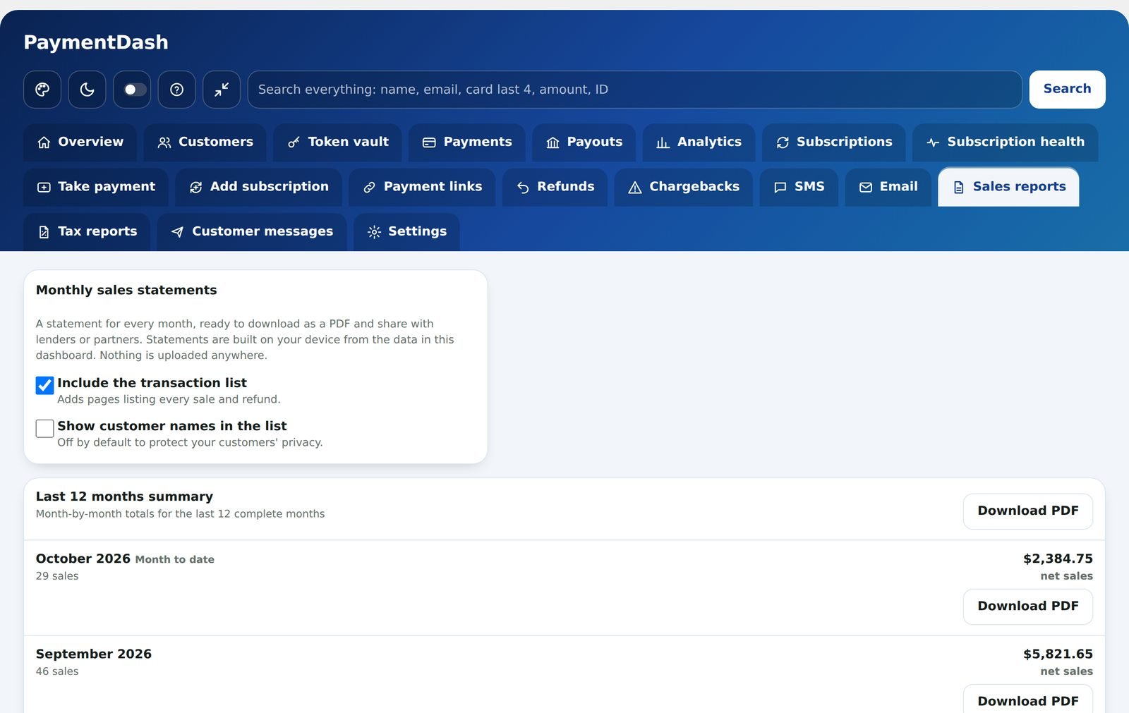 Sales reports screen