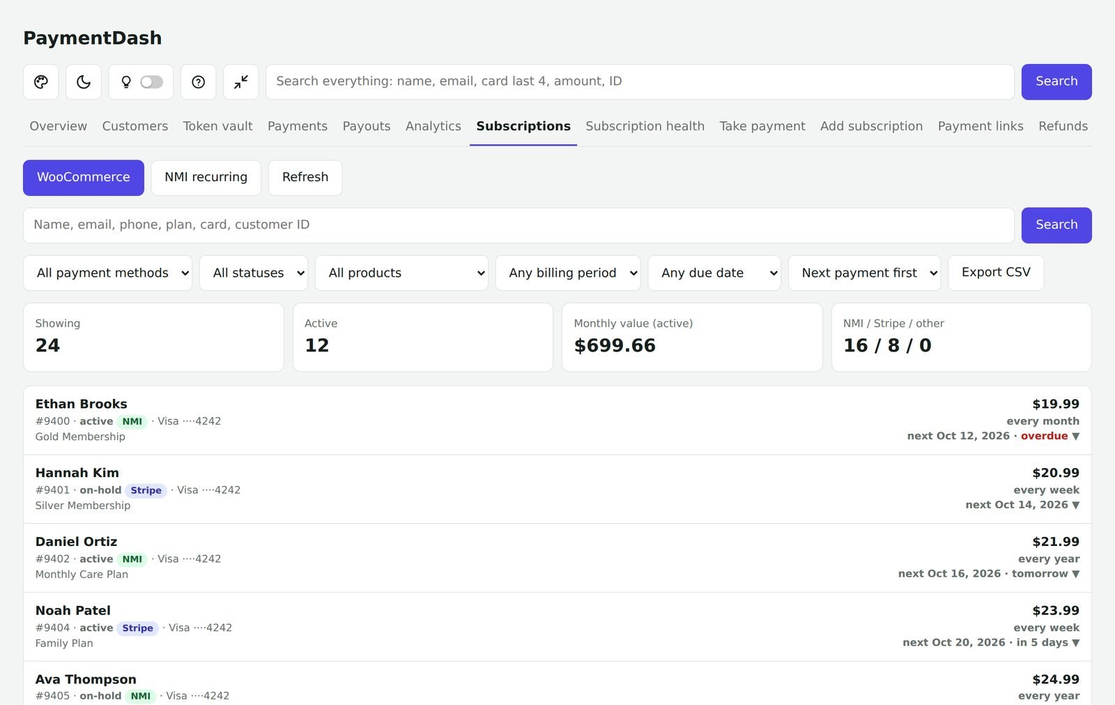 Subscriptions screen in PaymentDash Pro