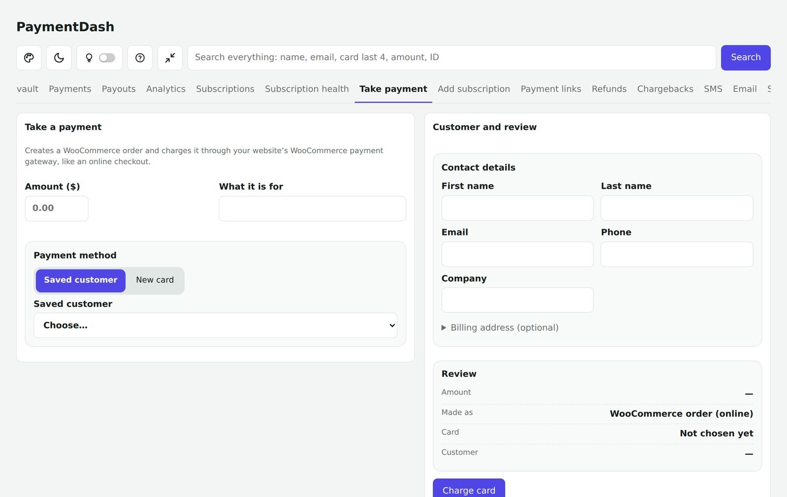 Take payment screen