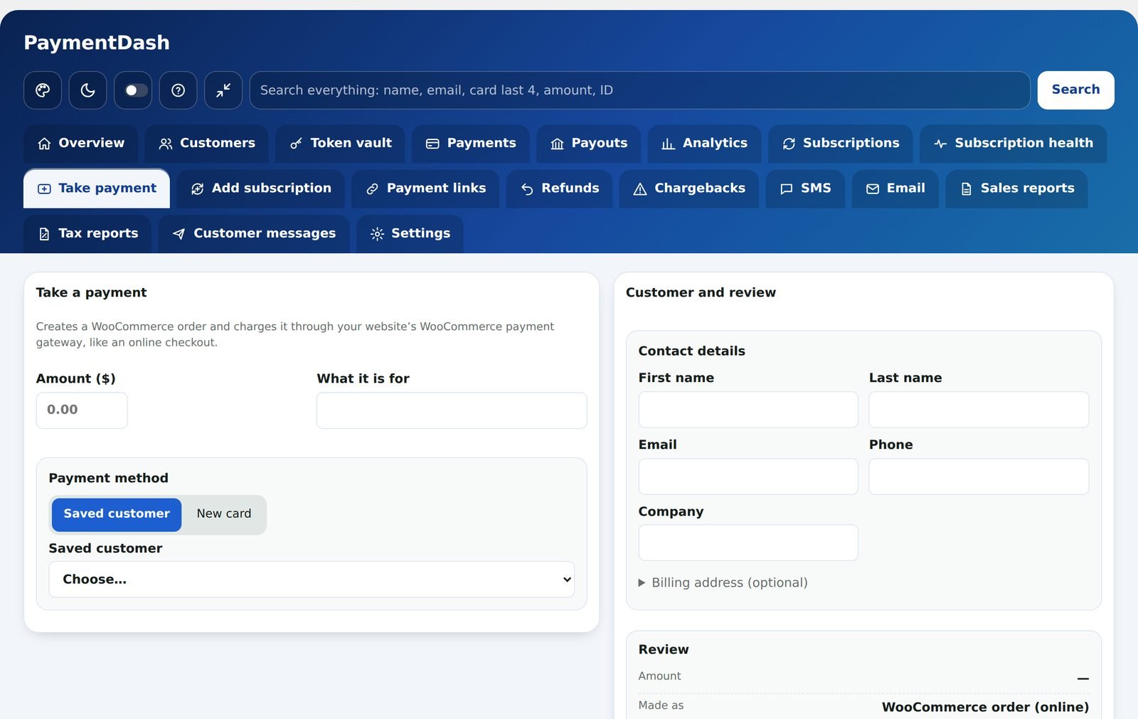 Take payment screen